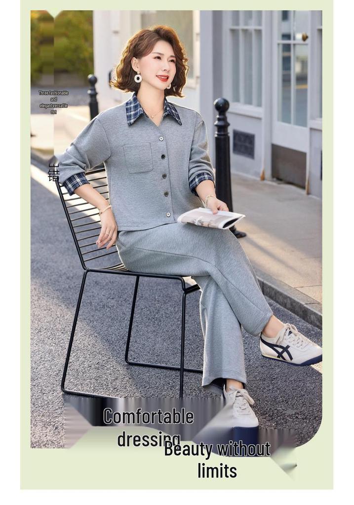 Mom's Spring Casual Korean Style Two-Piece Suit: Fashionable Age-Reducing Shirt and Jacket Set for Middle-Aged & Elderly Women