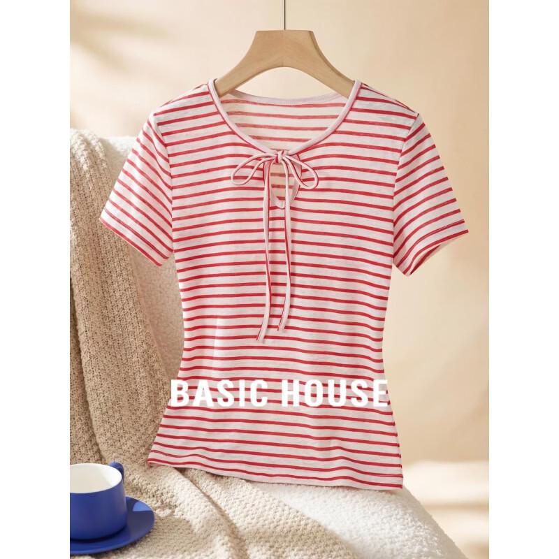 

Basic House Women s Striped Tie-Neck Short Sleeve T-shirt L
