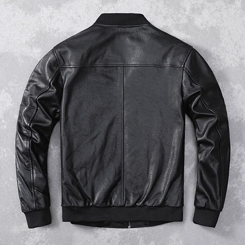 Embroidery Patches Baseball Jackets Genuine Cowhide Leather Jacket Men Motorcycle Biker Coats Autumn Mens Coat