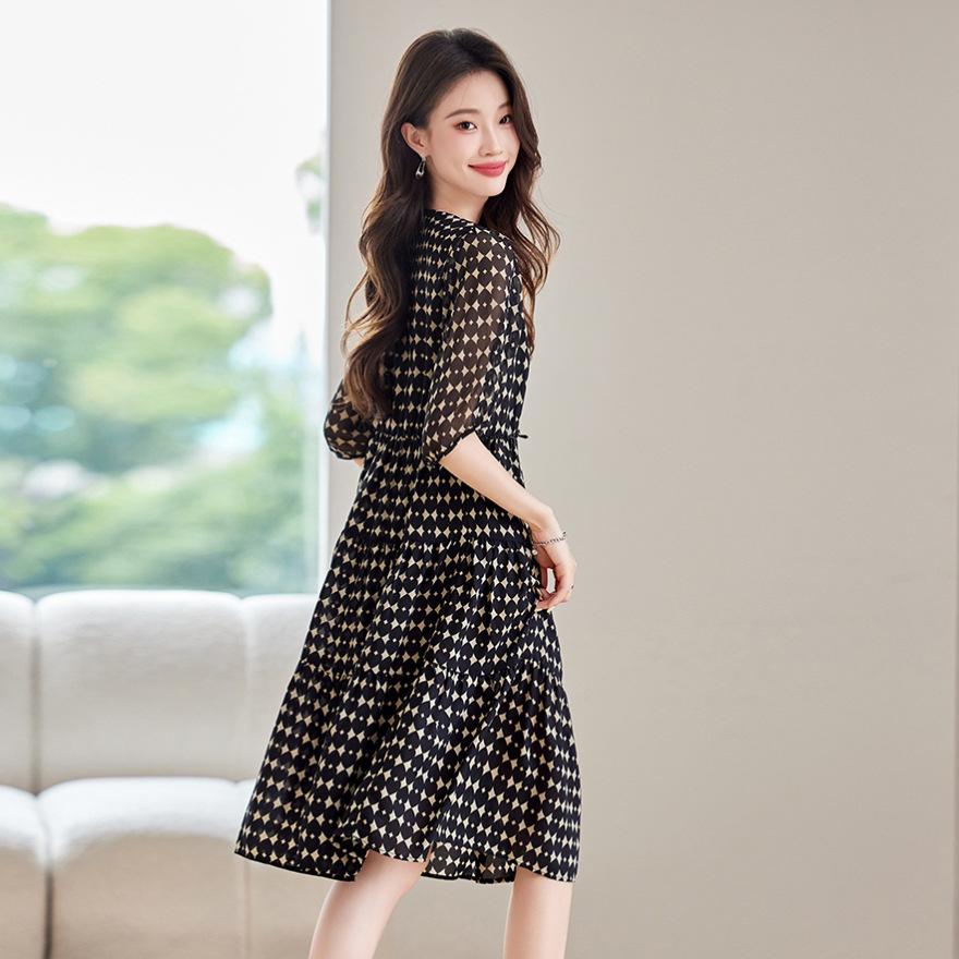 Summer new temperament elegant waist thin skirt floral medium and long dress women