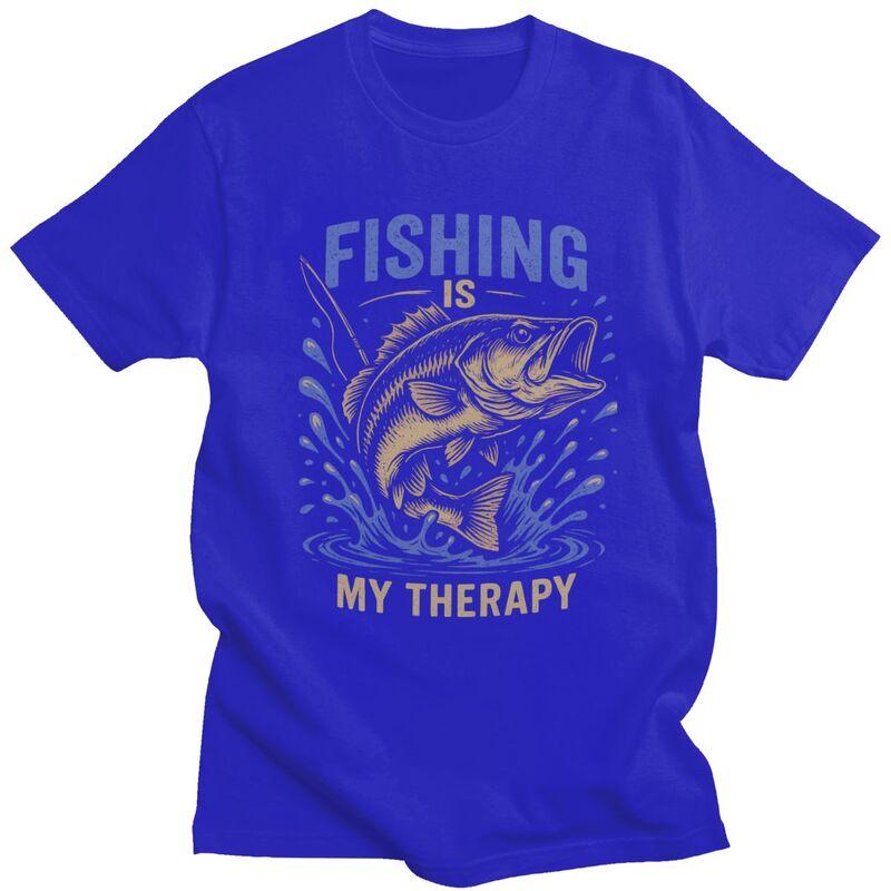 Fishing Is My Therapy T Shirt Men Short Sleeve Angler Fishman Lover Tshirts Casual Tee Tops For Husband Father Oversized Tshirt