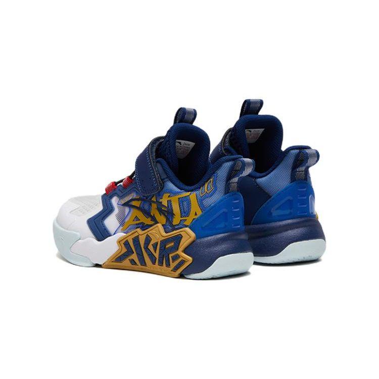 Anta Cement Nemesis Non-Slip Shock Absorbing Wear-Resistant Mid-Top Basketball Shoes Kids Sneakers White Blue Gold 312329954H-1