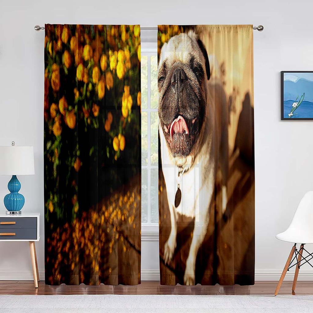 Cute Puppy Pug Dog Twins Tulle Curtains for Living Room Bedroom Home Kitchen Animals Window Sheer Voile Curtains Chiffon Drapes