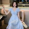 Korean Sweet Design V-neck Blue Lace-up Dress Women's Summer Waist and Thin Temperament French Long Dress