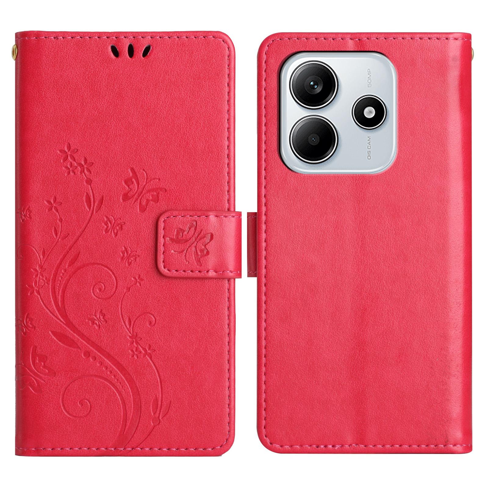 

For Xiaomi Redmi Note 14 5G Leather Wallet Case Butterfly Flower Imprinted Phone Cover with Strap Red