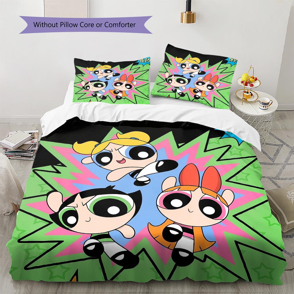 Set Biancheria da Letto Illustrazioni Powerpuff Girls, 1 Copripiumino & 2 Federe, Decorazione Artistica per la Casa, Regalo Perfetto