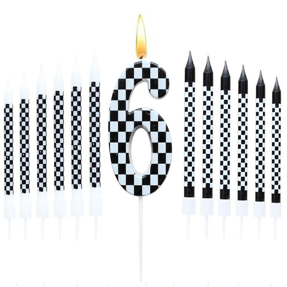 1/6/12/13pc Black and White Birthday Checkered Candles and Cake Topper Racing Cars Candles Sparkler Candles for Racing Car Party