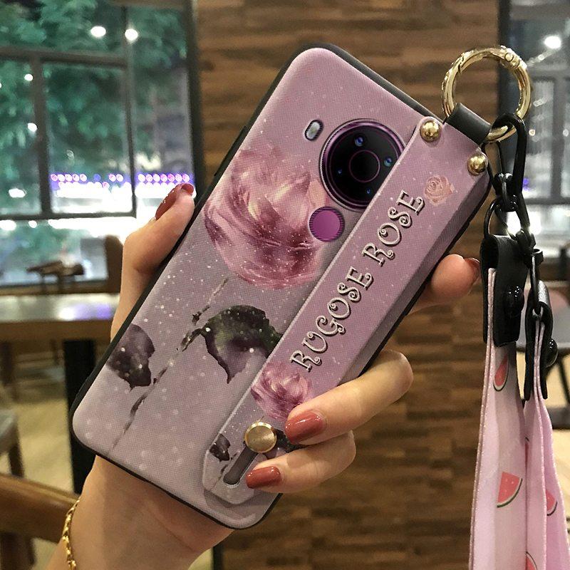 Back Cover Anti-dust Phone Case For Nokia 5.4 Wrist Strap Anti-knock Kickstand Shockproof Wristband Flower Phone Holder