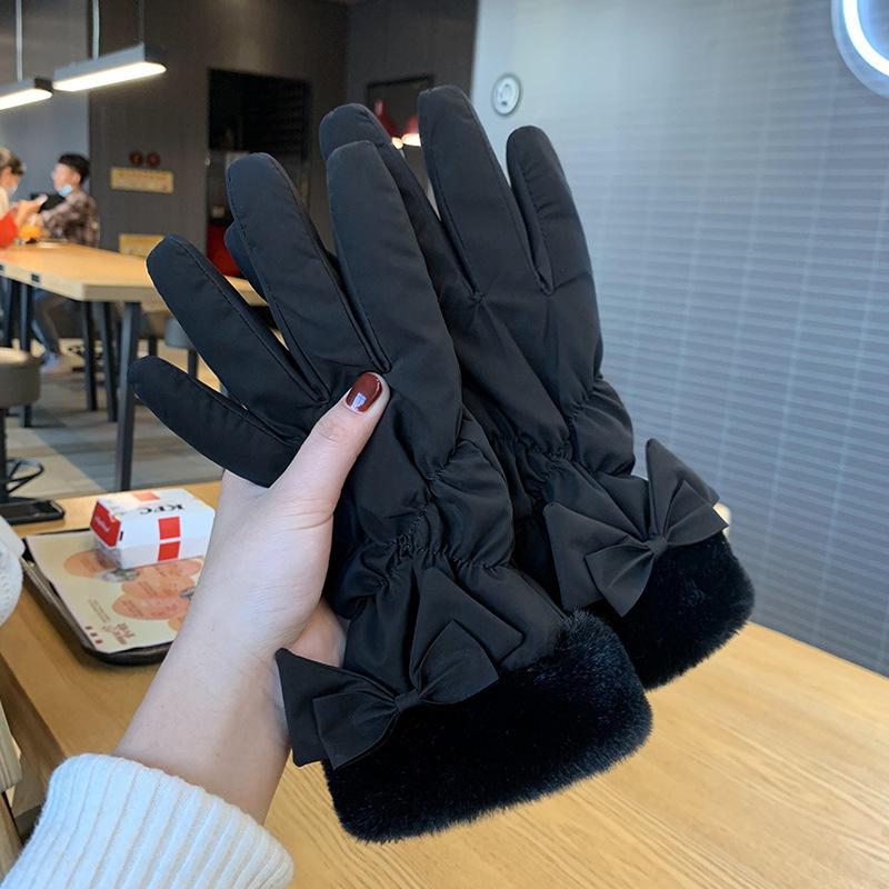 Bow Warm Gloves Fashionable and Versatile Women's Winter Plus Velvet Thickened Touch Screen Riding and Comfortable for Skin