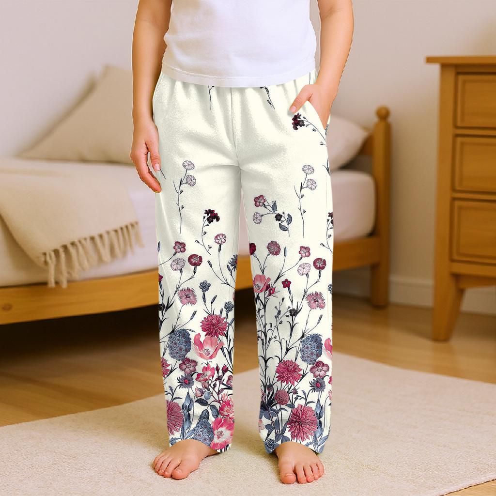 Fashionable Children's Versatile Retro Floral Print Pocket Casual Pants
