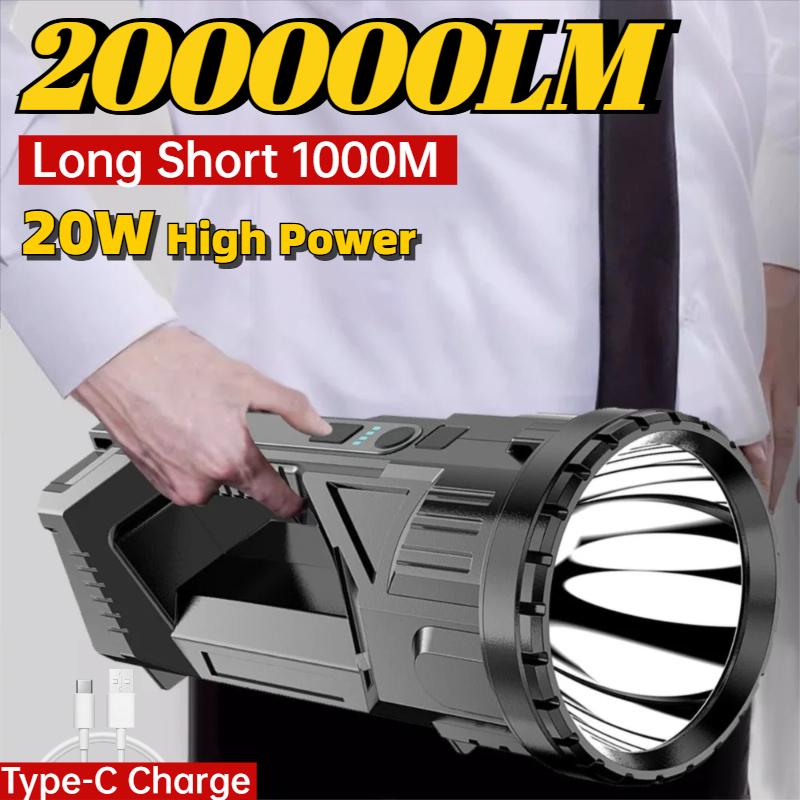 New Powerful LED Flashlight 20W Super Bright Long Range Charging Searchlight Multifunctional Waterproof Work Light Fishing