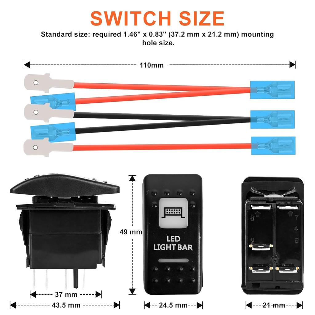 LED Light Bar Waterproof Rocker Switch Toggle On-Off 12V 24V 5Pin SPST Orange Backlit, with Jumper Wires Set Compatible for Polaris RZR Can-Am Car