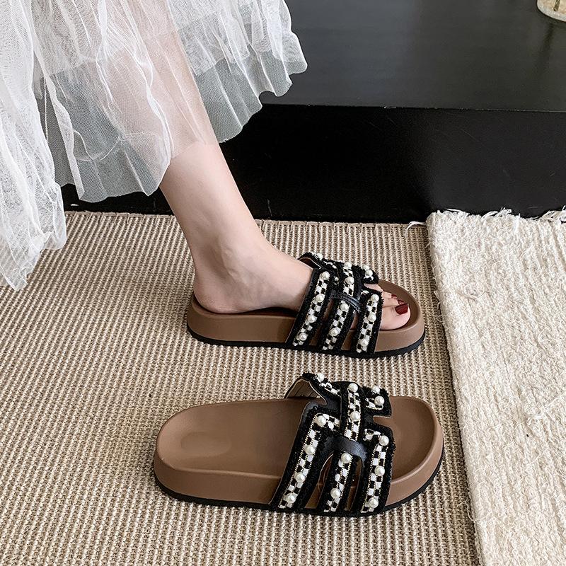 

Pearl cool slippers women s summer wear new soft flat bottom non-slip skirt pregnant women beach one-word drag 40 чёрный
