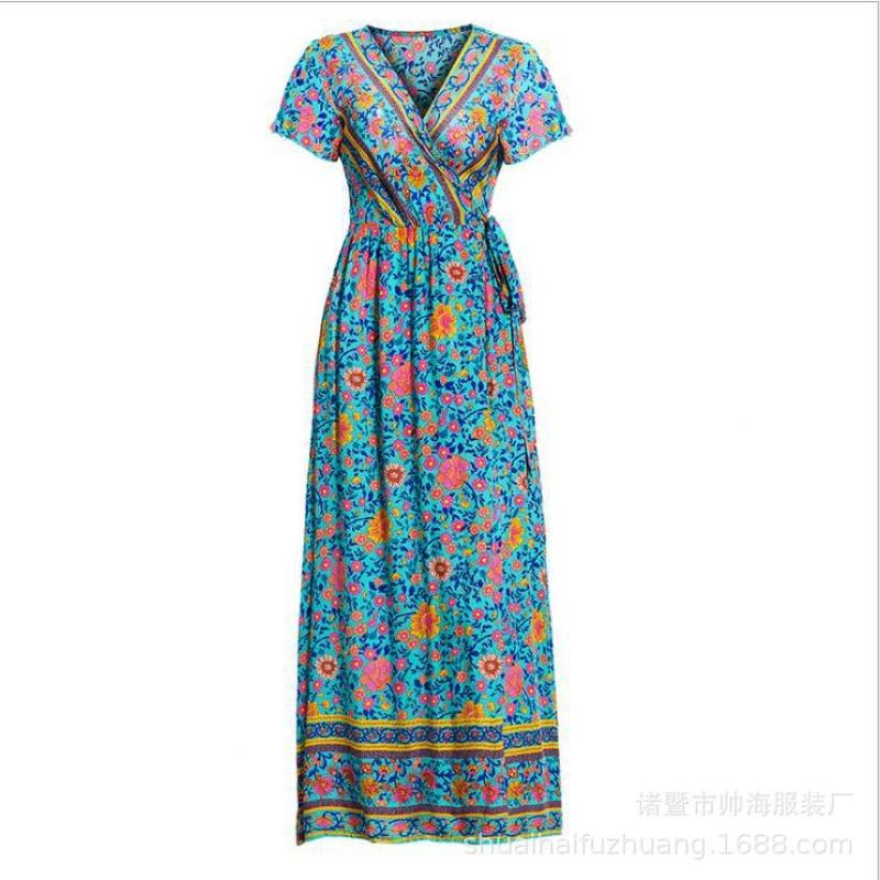 

Casual vacation print dress women s lace-up big swing slim short sleeves XXXL озеро синього кольору