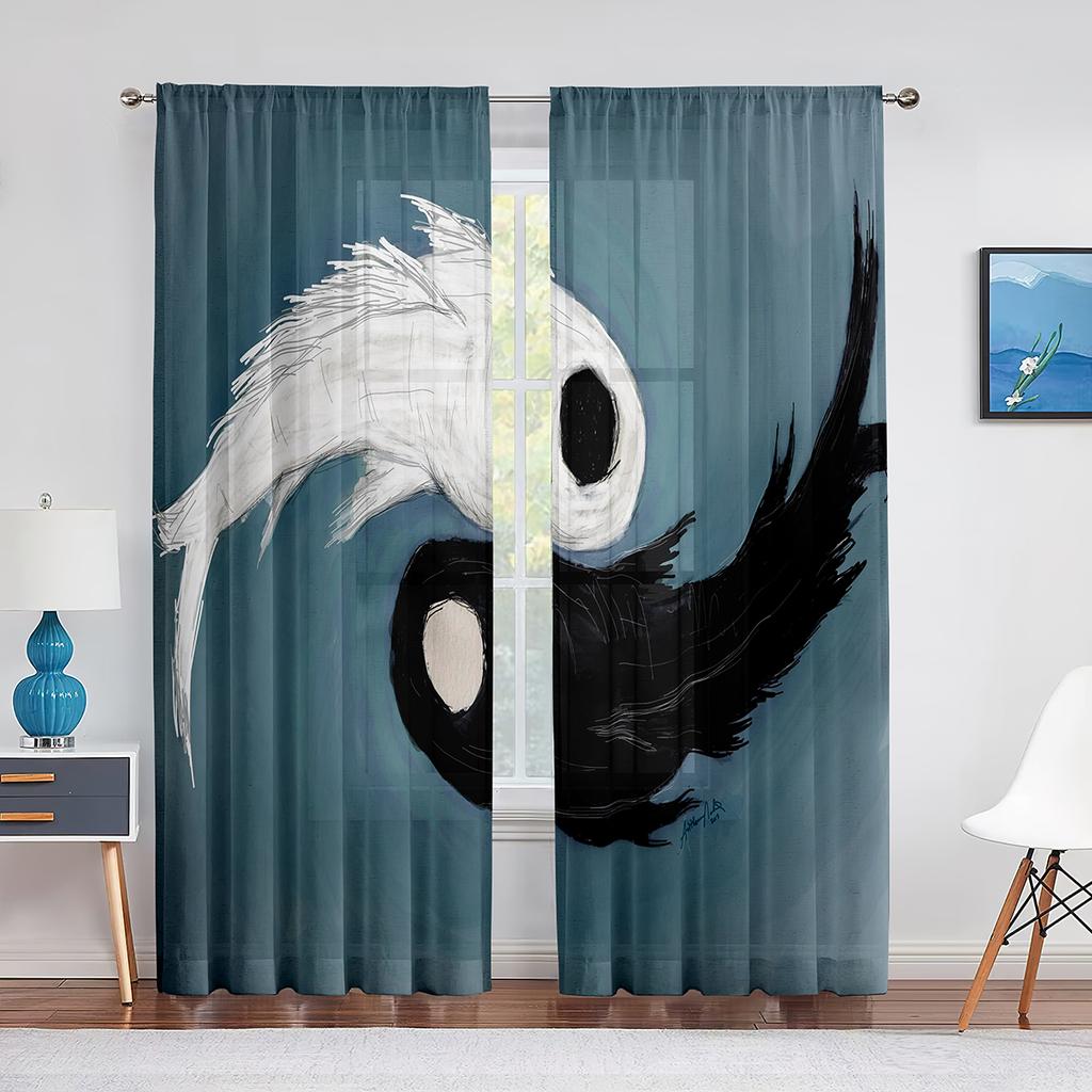 Goldfish Koi Fish Ink Painting Leaves Tulle Curtains for Living Room Bedroom Decor Chiffon Sheer Voile Kitchen Window Curtain