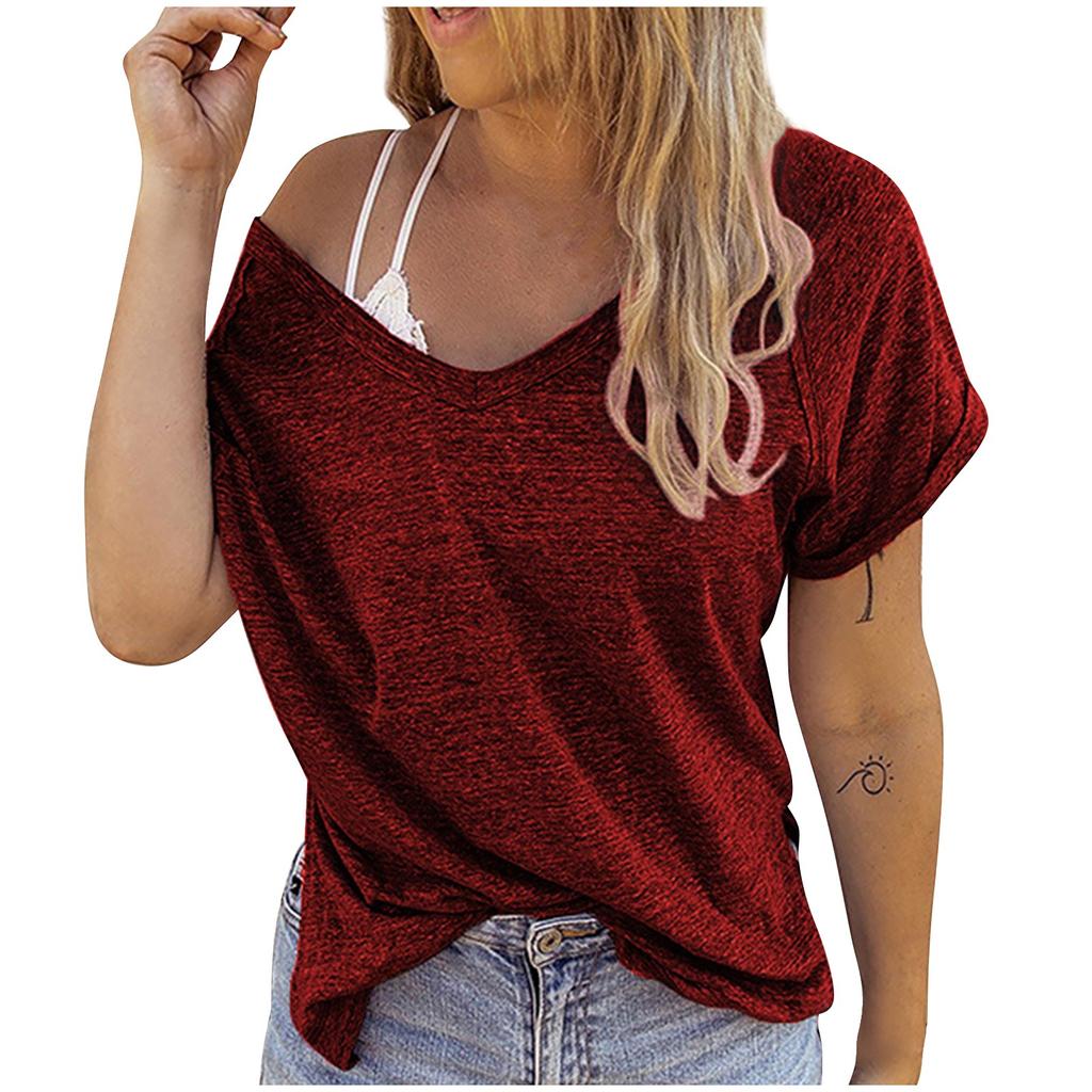 Fashion Womens Summer  V-neck Solid Color Short-sleeved Loose T-shirt Top