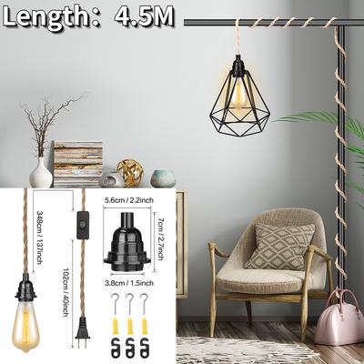 Pendant Lights Ceiling Lighting Fitting Lamp Holder Suspended Kit with Plug In Cord Hemp Rope Hanging Lamps with On/Off
