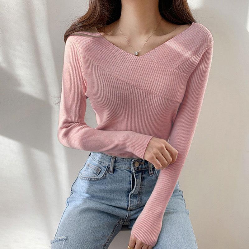 Autumn Winter Off The Shoulder Solid Color Slim Long Sleeve Knitted Tops Women's All Match Chic Sweater