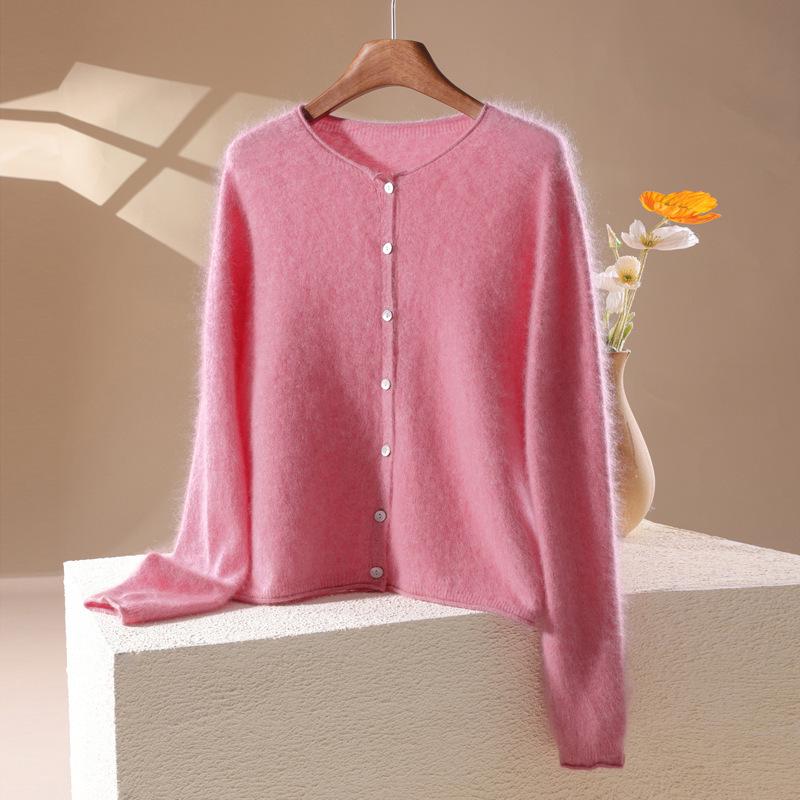 2026 Autumn/Winter Women's Long Sleeve Cashmere Wool Cardigan - Round Neck, Rolled Edge, Solid Color Flocked Sweater