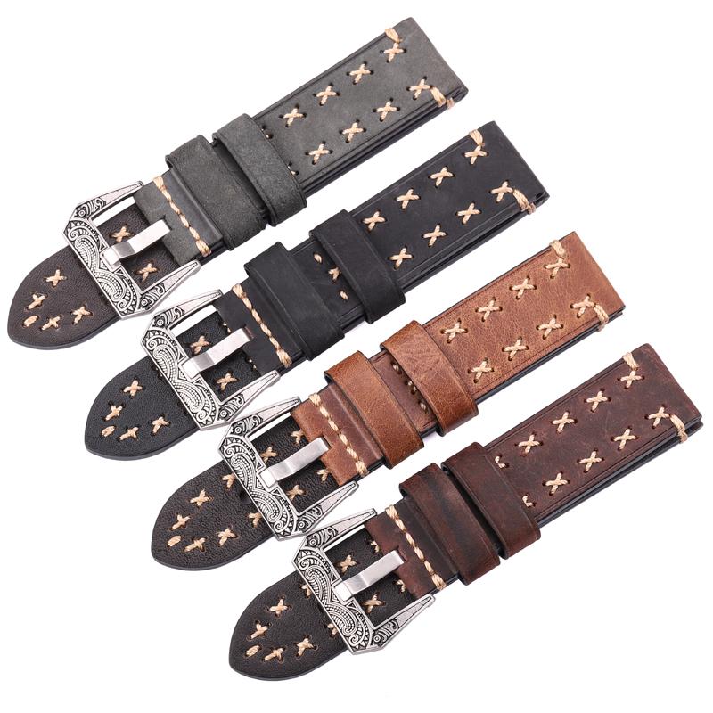 Handmade Watch Strap with Retro Stainless Steel Buckle 4 Colors 22mm 24mm Men Women Genuine Leather Watchcand Belt Bracelt