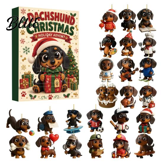 Holiday Surprise Blind Box 2026 Christmas Advent Calendar Dachshund Ornament Set Countdown Hanging Decor with 24 Acrylic Dog Ornaments Mini Figures,