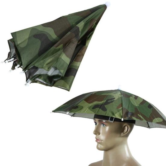 UV Protection Camouflage Umbrella Hat Hands-Free Sun Blocking Umbrella Hat with Elastic Headband Waterproof Outdoor Fishing Folding Umbrella Hat