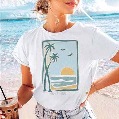 2025 Summer Fashion Travel Vacation T-Shirt 90s O-Neck Casual Style Top Short Sleeve Cartoon Pattern Seaside Women's T-Shirt