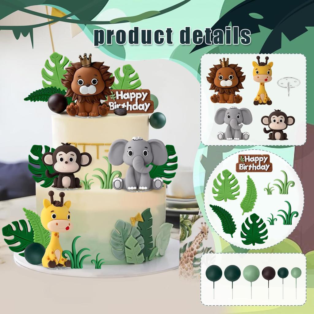 Cake Topper - Jungle Wild Cake Toppers with Leaves Balls Cake Decorations for Safari Animals Themed Birthday Party Decorations