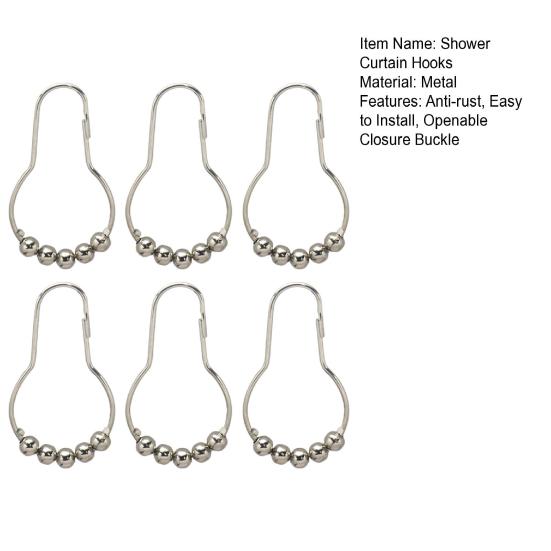 6 Pcs Shower Curtain Hooks Rust-proof Shape Heavy Duty Gourd Electrolated Smooth-Rolling Balls Openable