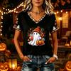 Tricouri Femei Halloween cu Decolteu în V Top cu Dovleac Tricou Casual Top pentru Petrecere de Sărbătoare