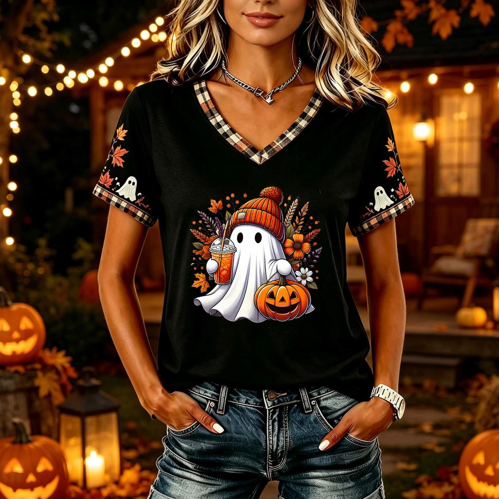 Tricouri Femei Halloween cu Decolteu în V Top cu Dovleac Tricou Casual Top pentru Petrecere de Sărbătoare