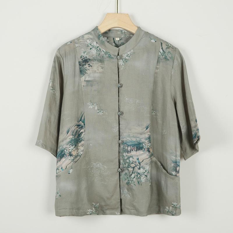 

Johnature Women Vintage Shirts Tops Print Floral Summer Blouses Stand Seven Sleeve Women Button Shirts M серый