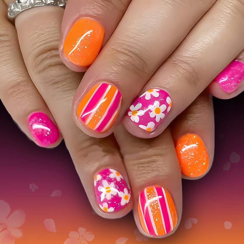 Spring-Summer Glitter Flower Oval False Nails - 24 Pieces
