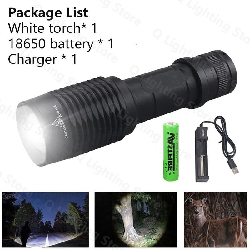 LED Tactical Hunting Torch Flashlight White/Red/Green Flashlight Waterproof Outdoor Lighting with Switch USB Rechargeable Lamp