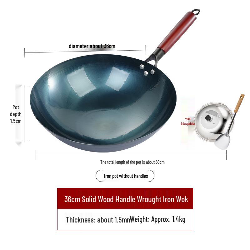 36cm Pre-Seasoned Forged Wrought Iron Round Bottom Wok with Lid & Spatula