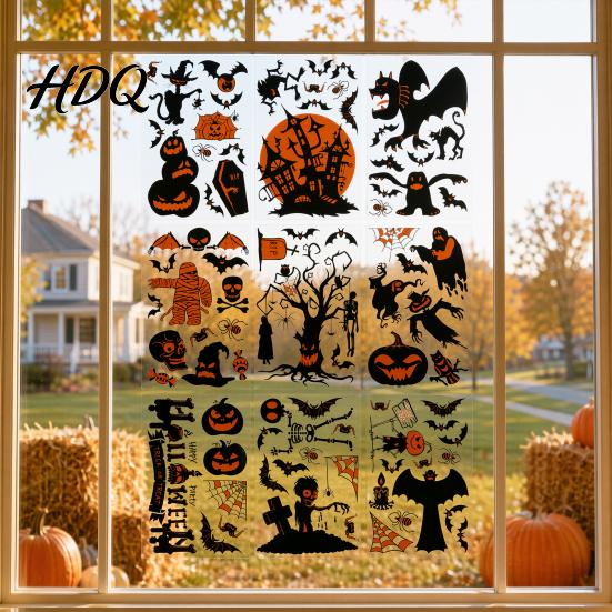 Non-adhesive Halloween Decals 9 Sheets Window Clings Happy Pumpkins Witch Ghost Bats Castle Spooky Decorations Stickers PVC Waterproof for