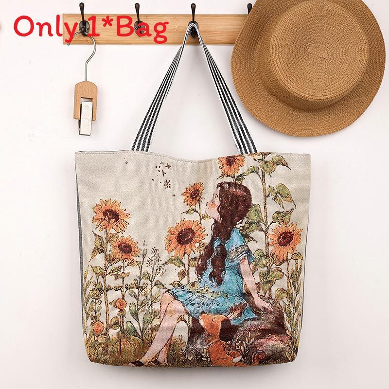 Elephant Hello Kitty Butterfly Embroidered Canvas Tote Bag With Seamed Stitching For Daily Use
