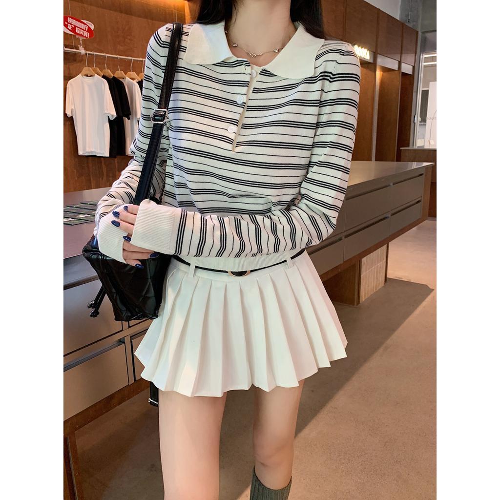 Button polo collar contrasting striped short top women's autumn and winter versatile knitted sweater backing sweater