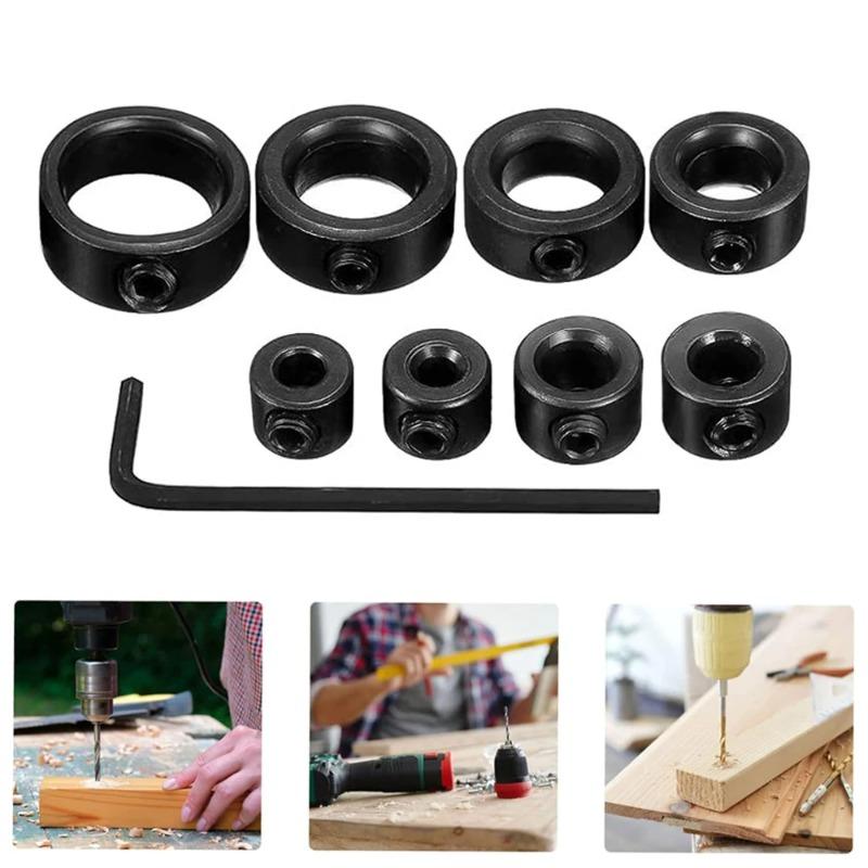 9PCS Depth Stop Drill Bit Collar Set Positioner Ring and Hex Wrench Tighten The Stopper Set Screws Woodworking Tool