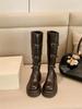 Cowhide~ Grape Mom Same Belt Buckle Knight Boots Women's Leather Round Head Thick Sole Versatile Boots Medium Tube Martin Boots