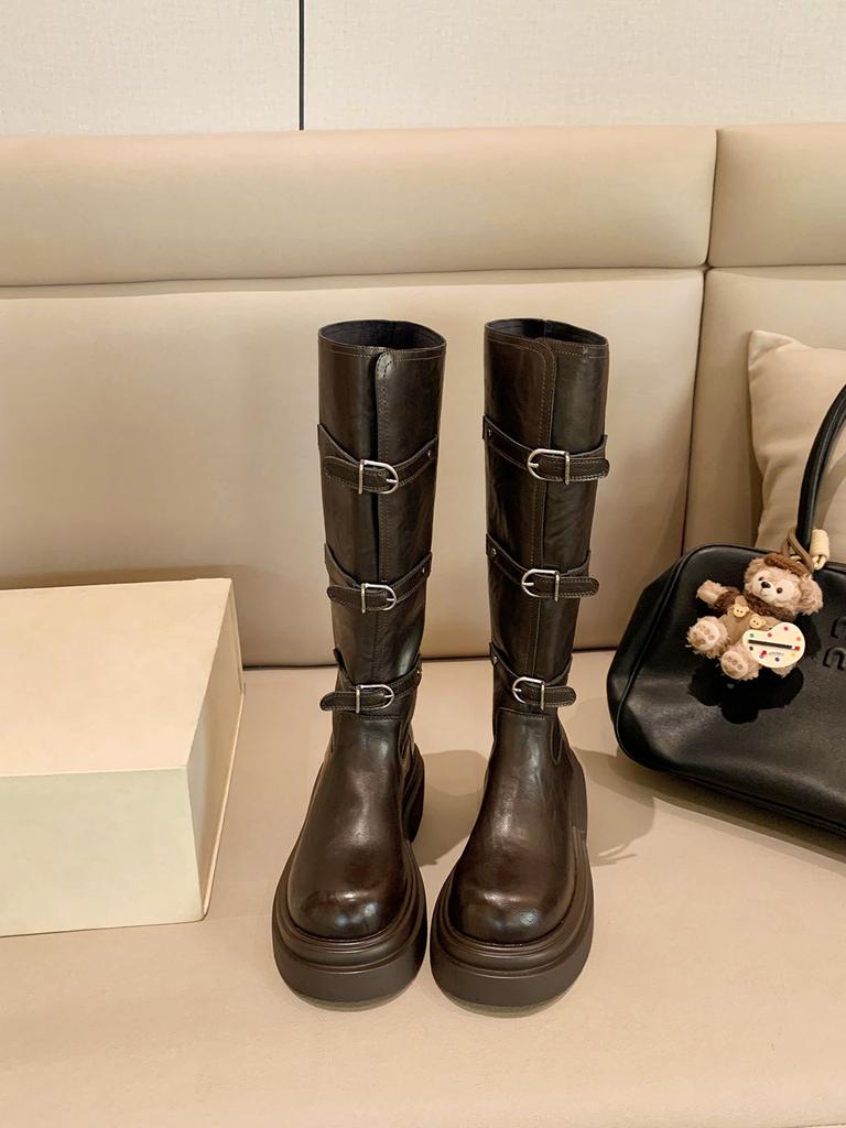 Cowhide~ Grape Mom Same Belt Buckle Knight Boots Women's Leather Round Head Thick Sole Versatile Boots Medium Tube Martin Boots