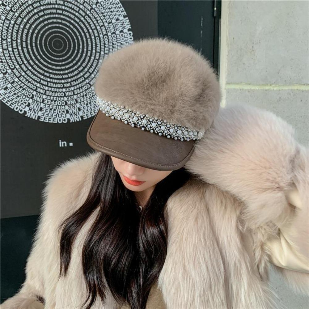 Women's Hats Fall and Winter Plush Flat Top Navy Hat Fashion Versatile Pearl Cap Lace Winter Star Anise Beret