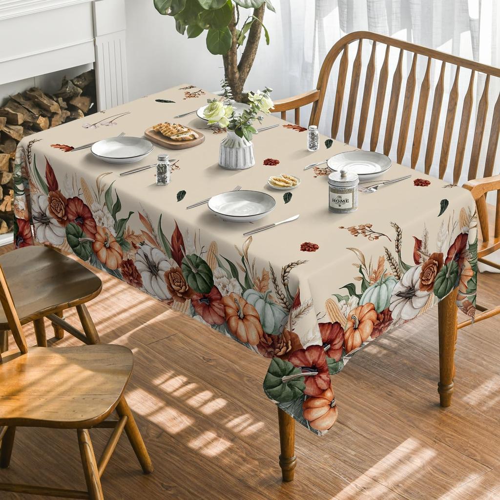 Horaldaily Fall Tablecloth 60×84 Inch Rectangular, Flower Autumn Harvest Pumpkin Washable Seasonal Table Cover for Party Picnic Dinner Decor