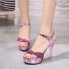 Summer new British style thick heel fish mouth one-word buckle sandals rhinestone high heels