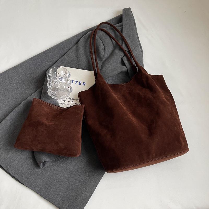 Autumn Retro Faux Suede Shoulder Bags for Women Solid Color Ladies Casual Tote Bag Large Capacity Girls Shopping Handbags Clutch