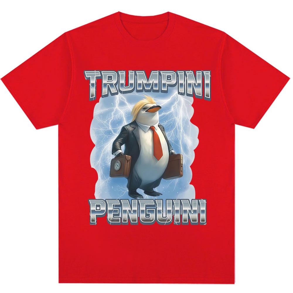 Funny Trumpini Penguini Meme Print T Shirt Italian Brainrot Humor Trendy Short Sleeve Men Women Loose Cotton T-Shirts Streetwear