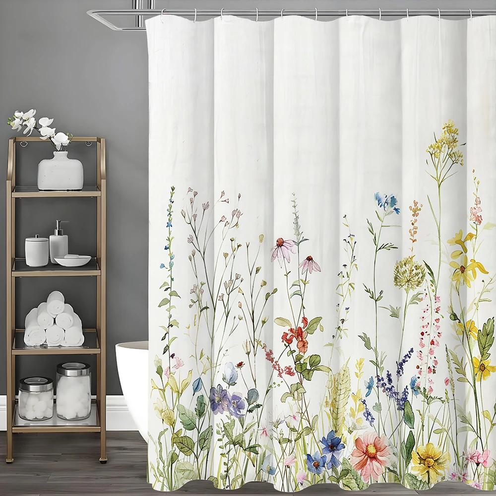 Spring Pink Floral Shower Curtain, Colorful Wildflower Botanical Herb Bathroom Decorative Shower Curtain, Waterproof Shower Curt
