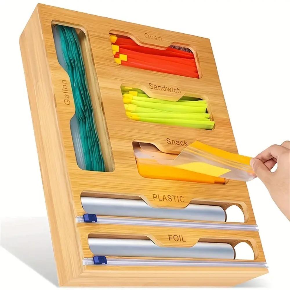 Bamboo Plastic Wrap Dispenser Wood Cling Film Holder Plastic Bag Organizer  Plastic Bag