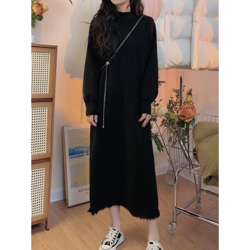 Knitted Sweater Skirt Women's New Autumn and Winter Loose Semi-turtleneck Dress Tassel Inner with Bottom Skirt