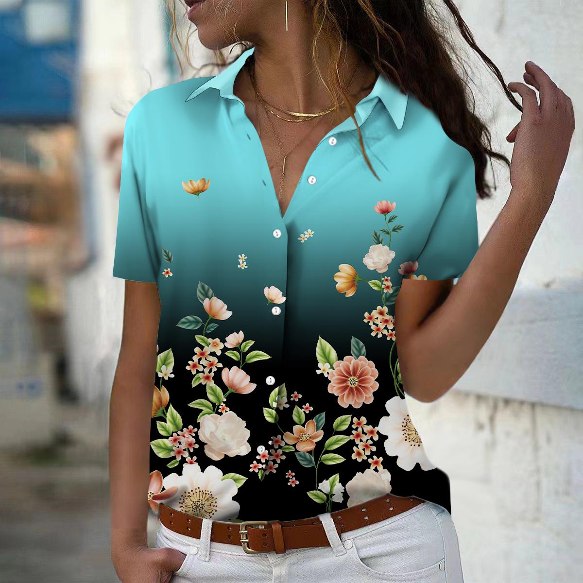 

2025 Summer New Fashion Women s Flower Printed Short Sleeve V-neck Casual Button-down Shirt Top XS синій
